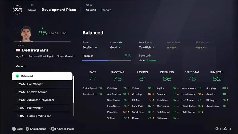 Official EA Sports FC development plans screen showing a player's progression according to their role.