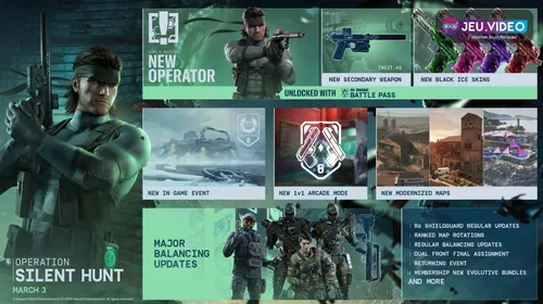 Panneau officiel de Rainbow Six Siege montrant le contenu de la saison Operation Silent Hunt avec nouvel operateur, cartes modernisees et mises a jour majeures