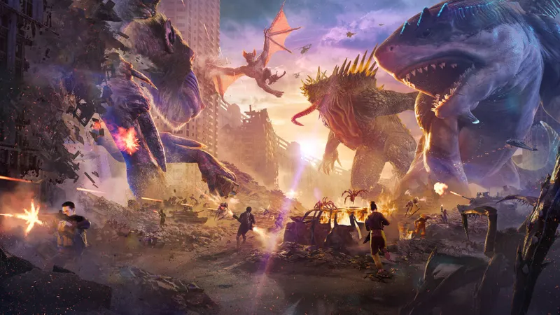 BeastLink trailer avec kaiju géants et soldats dans une ville détruite