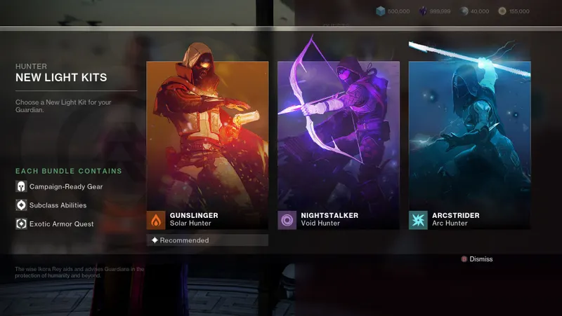 Écran des kits New Light de Destiny 2 avec choix de sous-classe Chasseur pour démarrer un build PvE simple