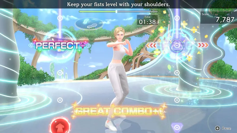 Fitness Boxing 3 Switch 2 montre une séance avec coach et score Perfect