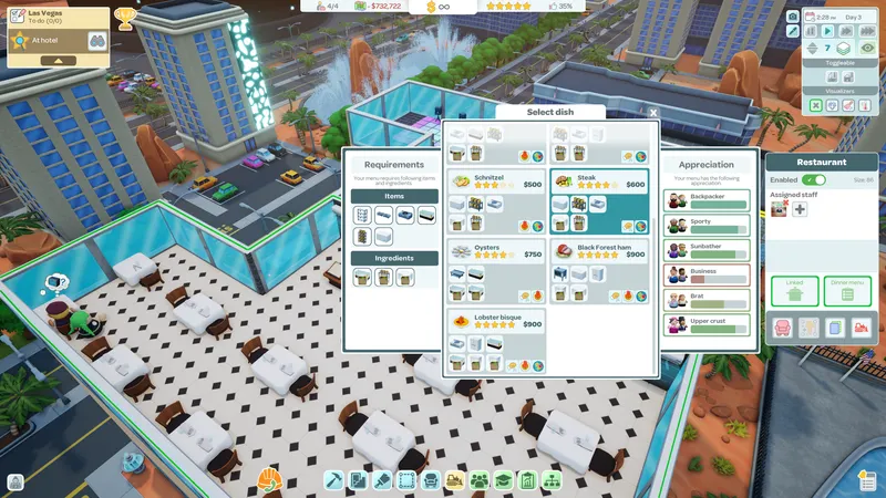 Hotel Architect affichant le menu du restaurant et les exigences clients