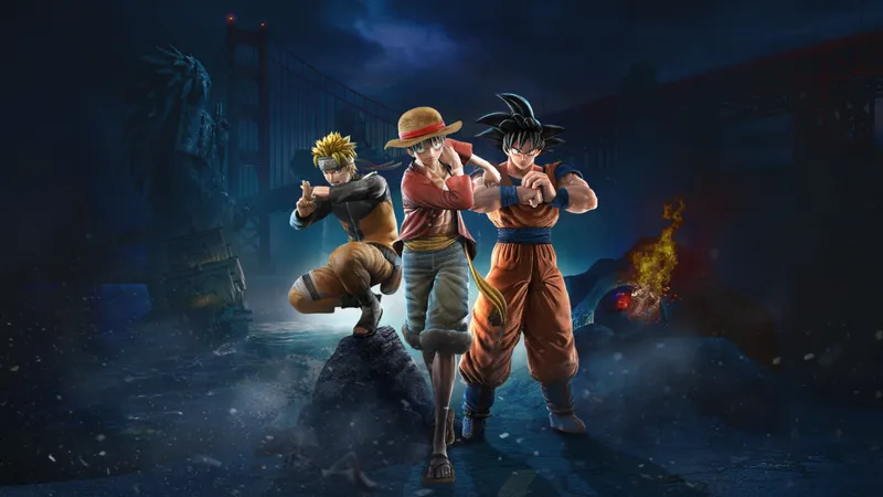 Affiche du jeu Jump Force, montrant les protagonistes de Naruto, One Piece et Dragon Ball.