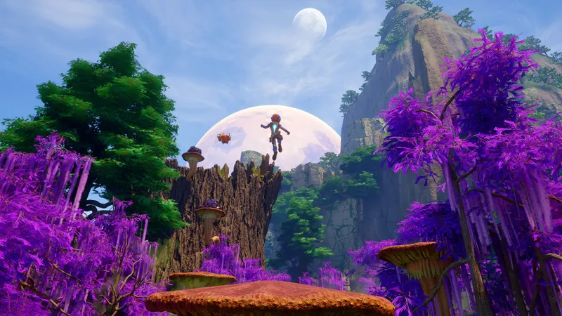 Forêt violette de Revenge of the Savage Planet avec plateformes naturelles, zone à revisiter avec de meilleurs outils
