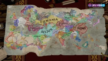 Carte officielle de Crusader Kings III montrant les territoires contrôlés et les panneaux de gestion du souverain.