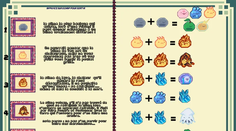 Écran de jeu Slimelon avec plusieurs slimes prêts pour un choix de fusion
