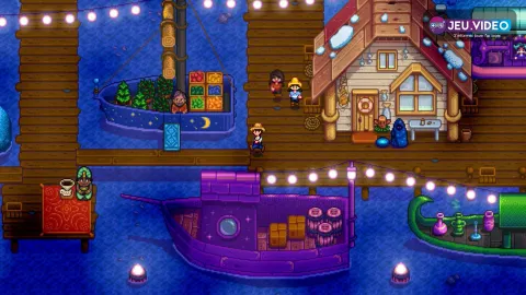 Ferme colorée de Stardew Valley avec cultures, maison et bâtiments agricoles visibles dans un paysage de campagne