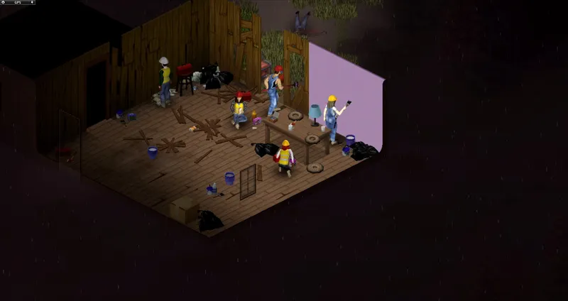 Scène de survie de Project Zomboid illustrant la défense d’un espace contre les zombies