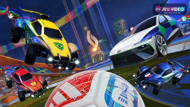 Terrain Rocket League officiel pendant une action compétitive, utilisé pour illustrer les rotations de retour en défense
