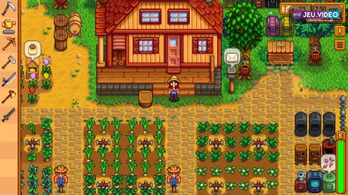 Ferme multijoueur de Stardew Valley montrant plusieurs joueurs autour d’un étang et d’un moulin pour illustrer une session coop partagée
