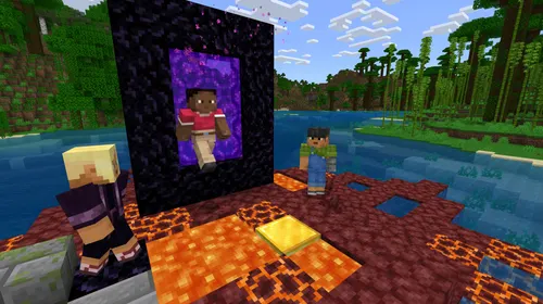 Minecraft Bedrock montrant plusieurs joueurs après un portail du Nether