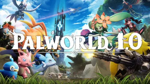 Visuel officiel horizontal de Palworld montrant le monde ouvert et des Pals, associé à l'organisation d'une base de production