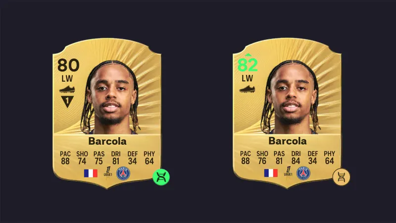Two versions of a Bradley Barcola card in FC 26 showing the stats gained after an Evolution