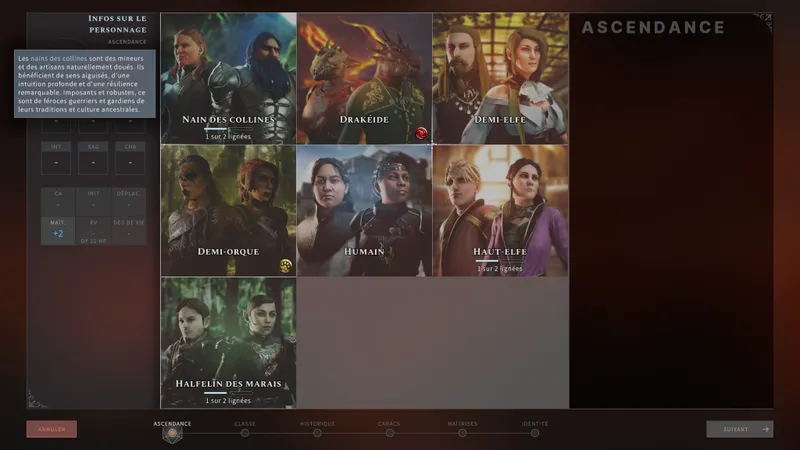 Solasta création de personnage, choix ascendance 