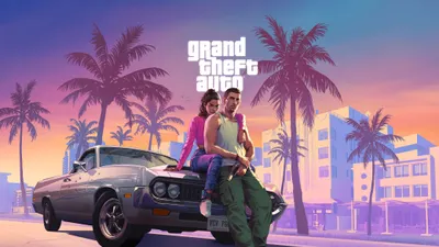 GTA 6 PC avec Lucia et Jason devant Vice City sur l’art officiel Rockstar