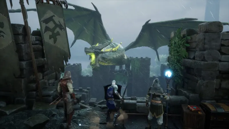 RuneScape Dragonwilds montrant un dragon face a trois aventuriers