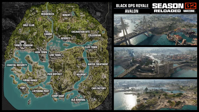 Carte Avalon de Warzone Black Ops Royale utilisée pour choisir une zone de drop et préparer la première rotation