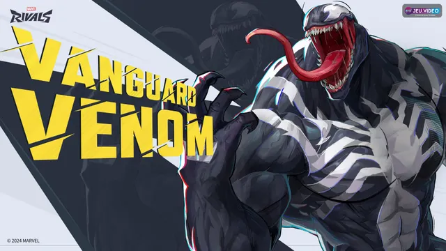 Illustration officielle de Venom dans Marvel Rivals représentant un héros Vanguard qui ouvre l’espace pour son équipe.
