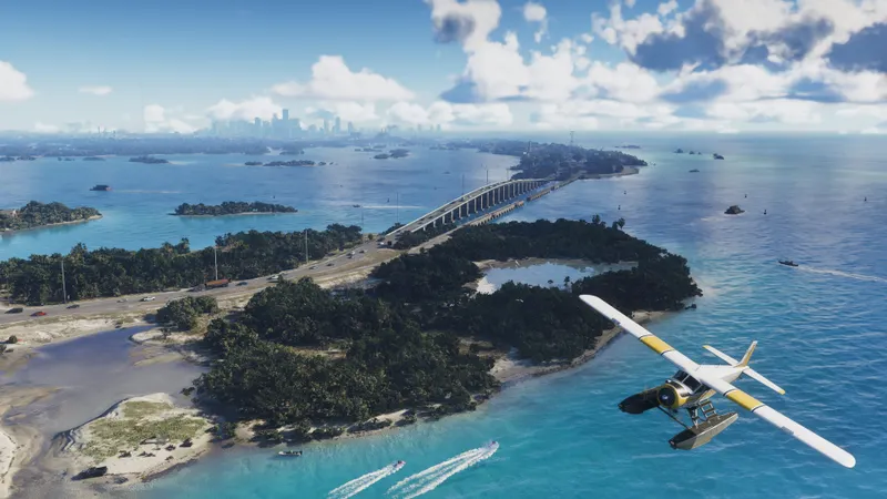 Vue aérienne des Leonida Keys dans GTA 6 avec ponts et littoral pour anticiper les longs trajets