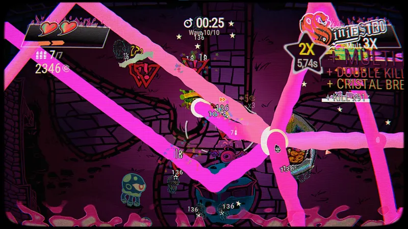 Lasers roses, explosions et interface de combo pendant un combat dans Dream Delirio's
