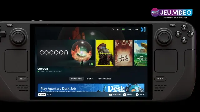 Écran d’accueil SteamOS sur Steam Deck montrant la bibliothèque et l’interface à régler avant d’optimiser un jeu exigeant