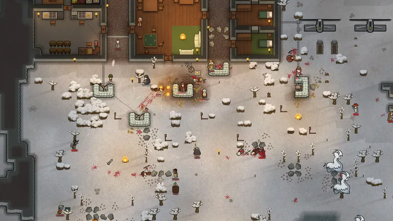 Colonie RimWorld sous la neige montrant qu’un stockage couvert reste nécessaire même quand le froid extérieur conserve les aliments