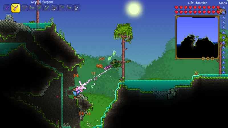 Gran zona de Terraria con edificios y efectos de luz para comparar dos perfiles de pantalla en una escena cargada