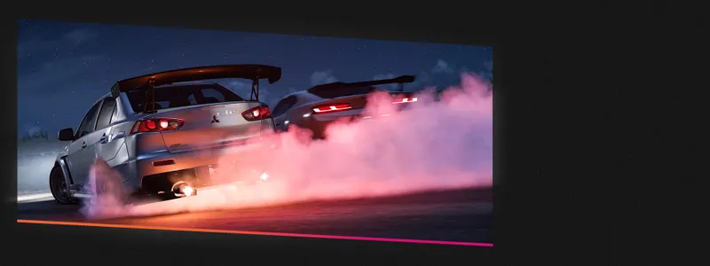 Voitures de Forza Horizon 5 en duel nocturne avec fumée pour choisir les dépenses utiles en drift et courses de route