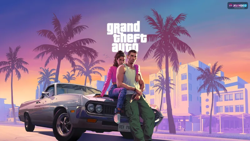 GTA 6 PC avec Lucia et Jason devant Vice City sur l’art officiel Rockstar
