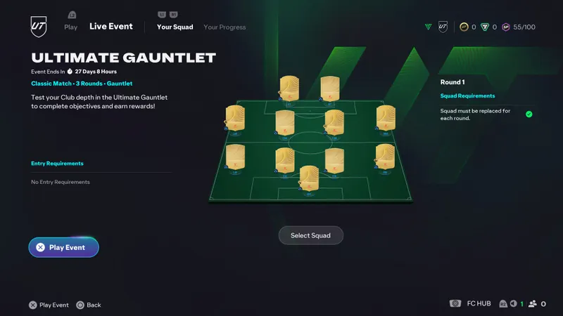 Écran Ultimate Gauntlet de EA FC 26 Ultimate Team montrant trois manches avec équipes différentes pour rentabiliser la profondeur du club