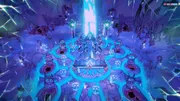 Sanctuaire glacé de Cult of the Lamb Woolhaven avec le Lamb devant une lumière bleue pour préparer l’entrée du DLC