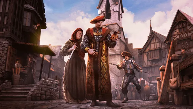 Visuel officiel de The Guild 3 montrant une famille influente dans une rue médiévale