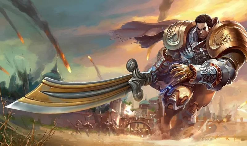 Garen Desert Trooper en splash art officiel Riot pour illustrer la patience en lane