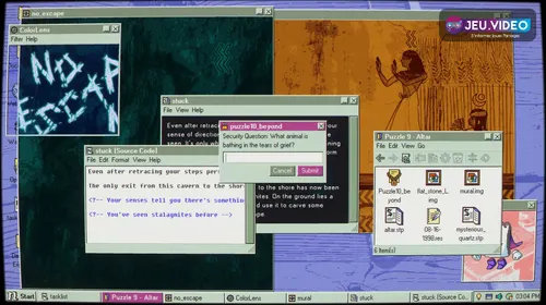 Interface rétro de Desktop Explorer montrant une enquête dans un ordinateur fictif