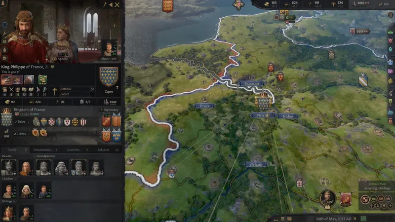 Interface de royaume de Crusader Kings III montrant les revenus et le domaine personnel avant une longue campagne
