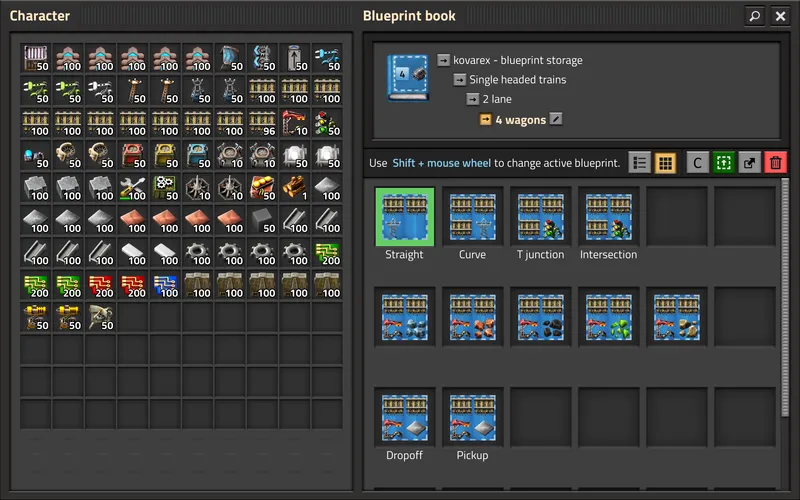 Vue officielle d un blueprint book dans Factorio, avec plusieurs plans rangés dans le même ensemble
