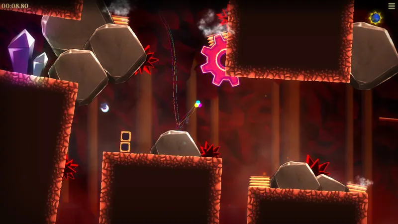 Niveau rocheux d’Amberial Dreams avec engrenage, pics rouges et lune en hauteur