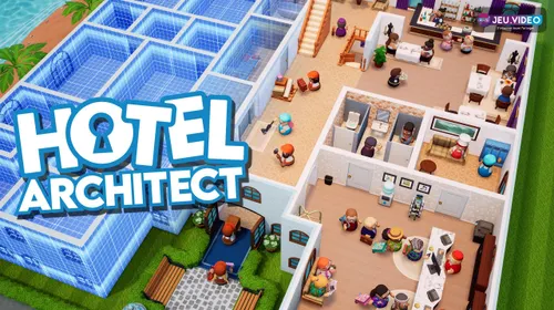 Hotel Architect sortie PC avec logo et hôtel en construction vu du dessus