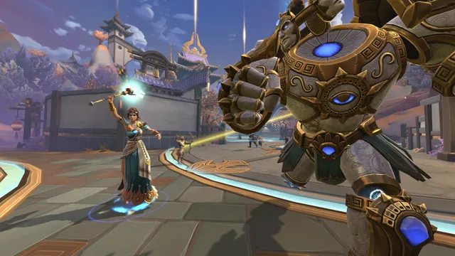 Combat multijoueur de SMITE dans une arène avec plusieurs dieux, couverture du guide sur le crossplay