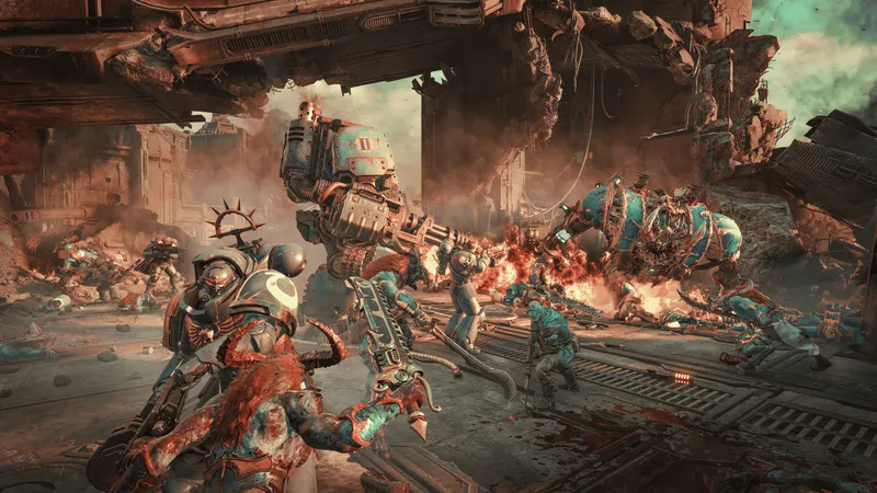 A Space Marine 2 squad holds a defensive sector inside the Kadaku fortress during Siege.