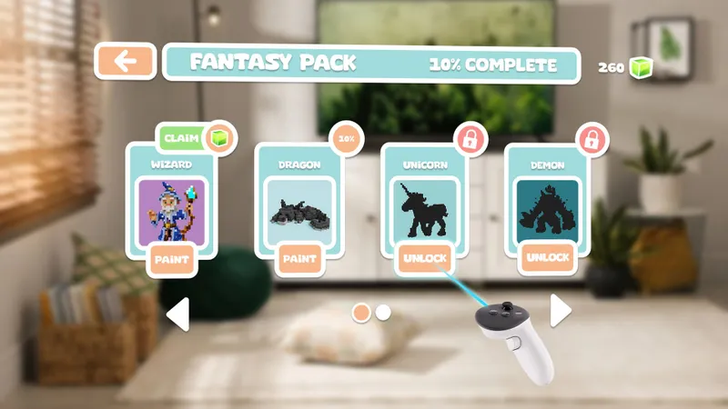 Color-A-Cube avec le menu Fantasy Pack et plusieurs modèles voxel à débloquer