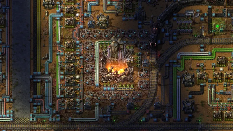 Capture officielle de Factorio montrant une zone d usine dense et plusieurs lignes logistiques prêtes à être améliorées