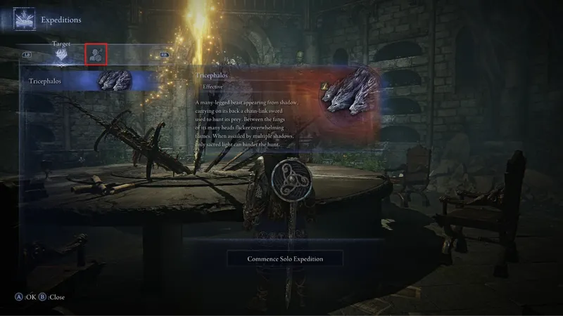 Interface des expéditions Elden Ring Nightreign montrant la sélection de cible avant de choisir les paramètrès de matchmaking