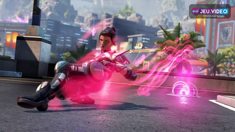 Axle glissant dans Apex Legends avec un Nitro Gate rose pendant une approche agressive pour illustrer un loadout mobile