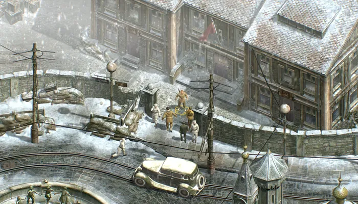 village avec des soldats par un temps de neige