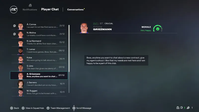 Discussion joueur dans EA Sports FC 26 montrant Antoine Griezmann heureux et prêt à parler contrat