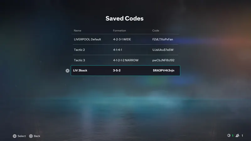 Menu Saved Codes de FC 26 avec plusieurs tactiques sauvegardées pour Ultimate Team