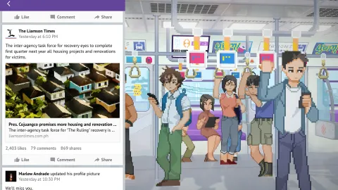 Interface de réseau social dans Until Then montrant des publications à consulter pour comprendre les indices de la première partie
