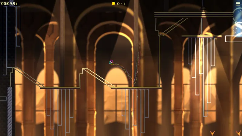 Salle d’Amberial Dreams avec rampes inclinées et trajectoire colorée de la sphère