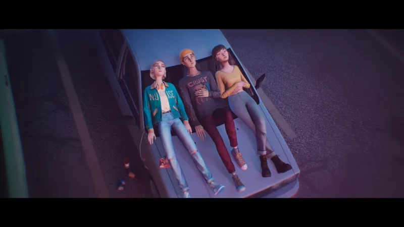 Les trois personnages de Mixtape allongés sur une voiture pour faire une pause entre deux vignettes et éviter de jouer trop vite